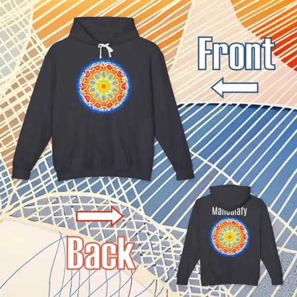 Lightweight Hooded Sweatshirt, Black, Sun & Scribble Mandala